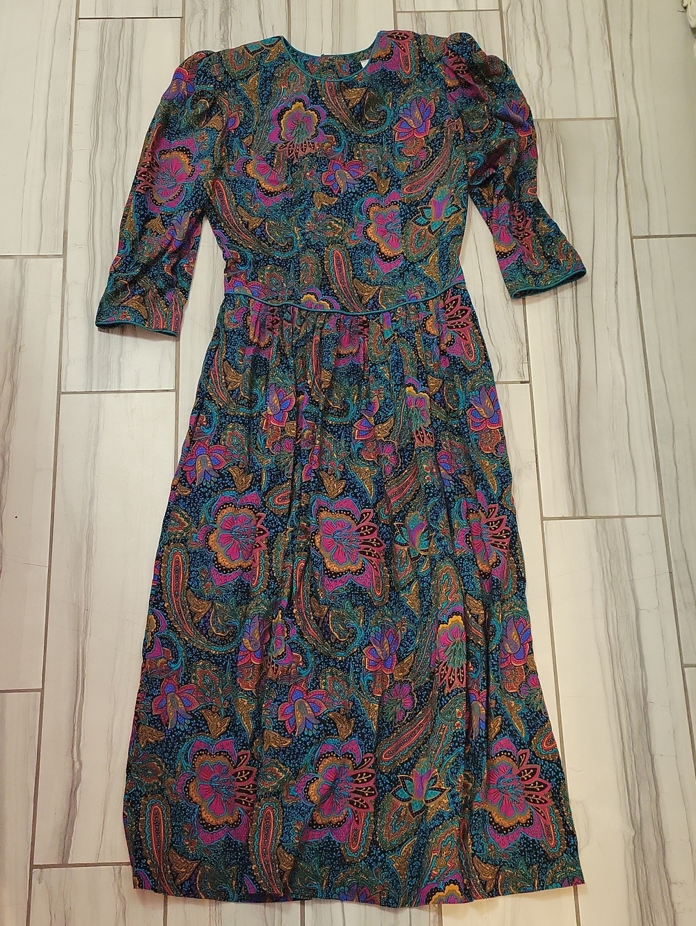 Women's Teal Paisley Floral Midi Dress Vintage